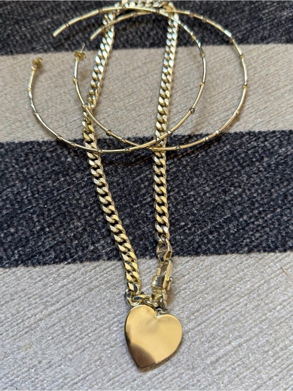 Melinda Maria gold heart necklace, and hoop earrings